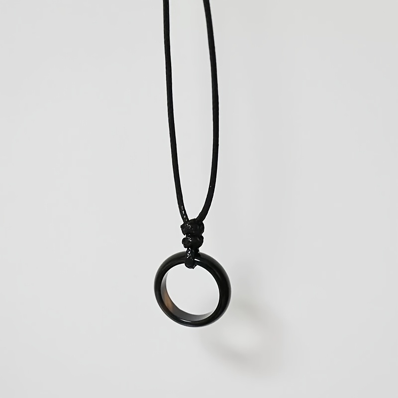 Natural Black Agate Round Ring Pendant Necklace, Unisex